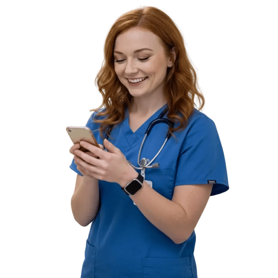 Pflegekraft-schaut-aufdas-Mobiltelefon