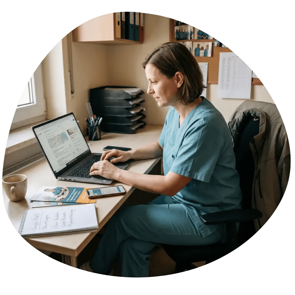 Pflegedienstleiterin in Pflegekleidung sitzt an ihrem Schreibtisch und optimiert das Google Unternehmensprofil ihres ambulanten Pflegedienstes
